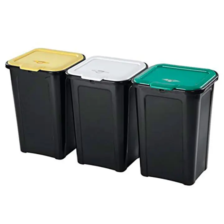 Pack de 3 cubos basura 44 litros con tapa 55 x 38 x 34 cm. Juego, set de contenedores de residuos apilables de plástico para reciclaje - 1