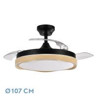Ventilador de techo BLONDI en color NEGRO/MADERA con tres aspas DESPLEGABLES muy resistentes. Realizado en metal, ABS y policarbonato. De diseño moderno, original y elegante. Tiene seis velocidades ajustables. Tecnología LED integrada con una potencia 72w - details 0