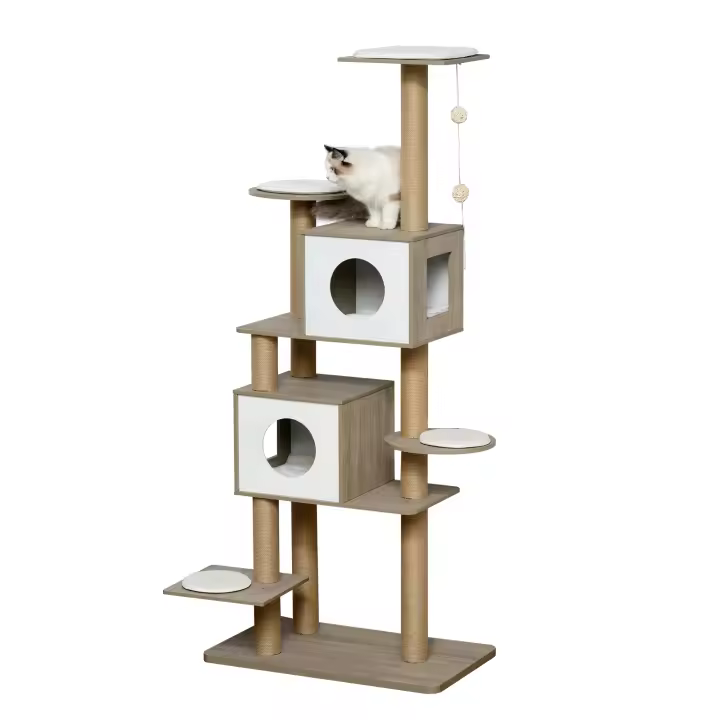 PawHut Árbol Rascador Árbol para Escalar para Gatos Altura 177cm con Plataformas Cuevas Juguete Colgante Cojín Extraíble Postes de Yute Blanco y Marrón - 1