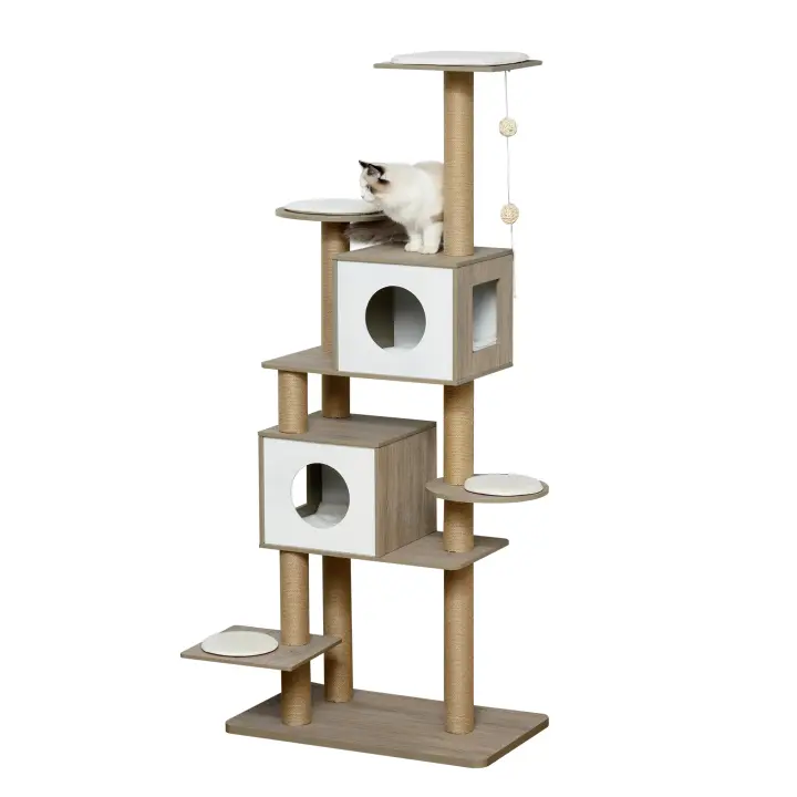 PawHut Árbol Rascador Árbol para Escalar para Gatos Altura 177cm con Plataformas Cuevas Juguete Colgante Cojín Extraíble Postes de Yute Blanco y Marrón - 1