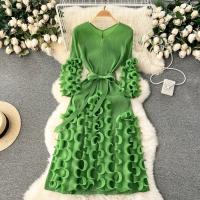 Vestido Elegante De Mujer 2024 Pleated Miyak Primavera Otoño V-Neck Suéter Beaded Exquisito Cinturón A-Line Midi Vintage Polyester - details 11
