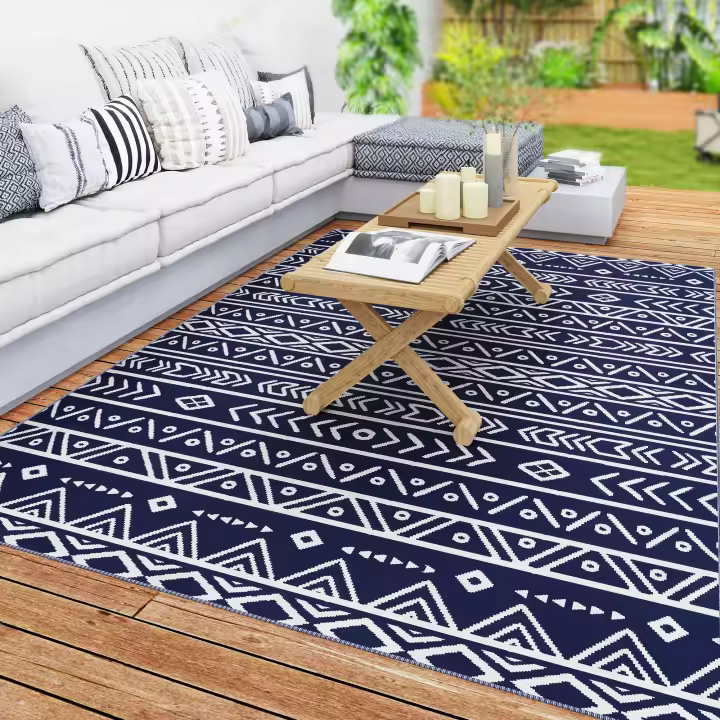 Outsunny Alfombra de Exterior 182x274 cm Alfombra Reversible con Patrón de Geométrico y Bolsa de Transporte para Terraza Balcón Patio Camping Playa Azul - 1