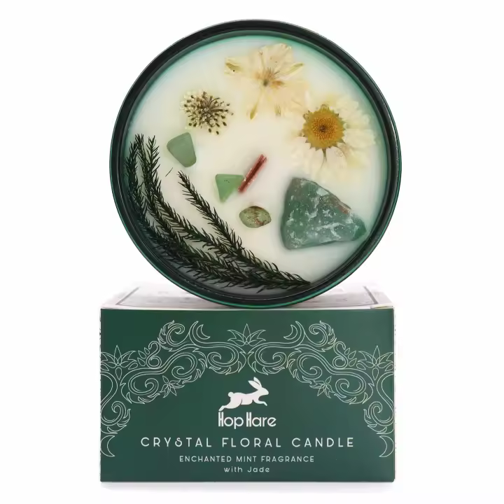 Viva Esencia – Vela  floral con cristal y gemas “El Mago” para despertar tu poder interior y canalizar energía creativa – Colección Hop Hare – Soy Wax Candle – Ancient Wisdom - 1