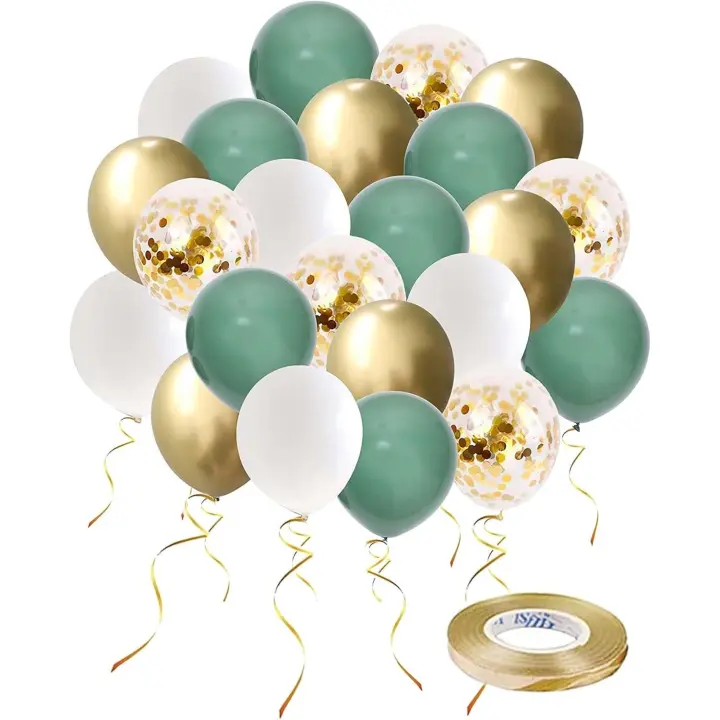 Ballons, 60 Pièces Vert Or Ballons Confettis D'anniversaire, 12 Pouces Ballons en Latex Confettis Métallique de Ballons Hélium pour Mariage Anniversaire Fête Décorations - 1