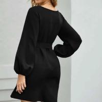 Vestido De Mujer Talla Grande De Chiffon Color Sólido Moda 2021 Manga Farol Suéter Cinturón A-Línea Cuello Redondo Largo Hasta La Rodilla - details 5