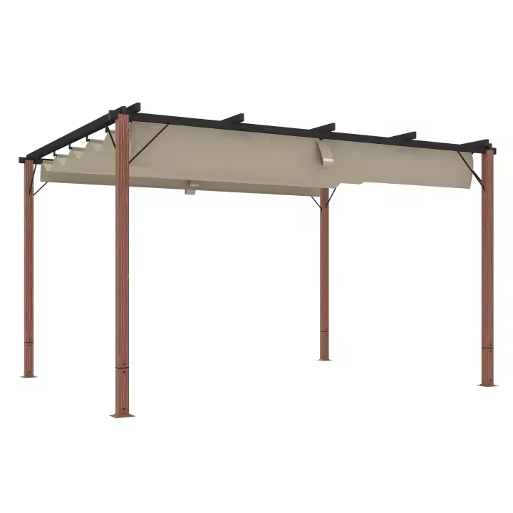Outsunny Pérgola con Techo Retráctil Pérgola de Aluminio 4x3 m Cenador con Tela de Poliéster Anti-UV Resistente al Agua Pabellón para Jardín Patio Terraza Exterior Natural y Café - 1