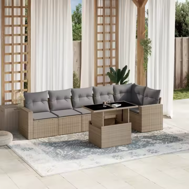 vidaXL Set sofás de jardín 7 piezas y cojines ratán sintético beige - 1