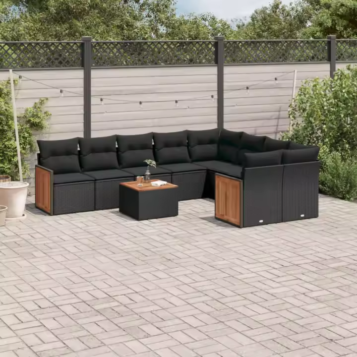 vidaXL Set de sofás de jardín 10 pzas cojines ratán sintético negro - 1
