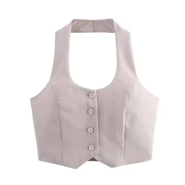 Conjunto De Vestido Y Pantalones Anchos Para Mujer TRAFZA Estilo Retro Sin Espalda Halter Collar Delgado Botones + Cintura Alta Pleated Con Bolsillos - 1