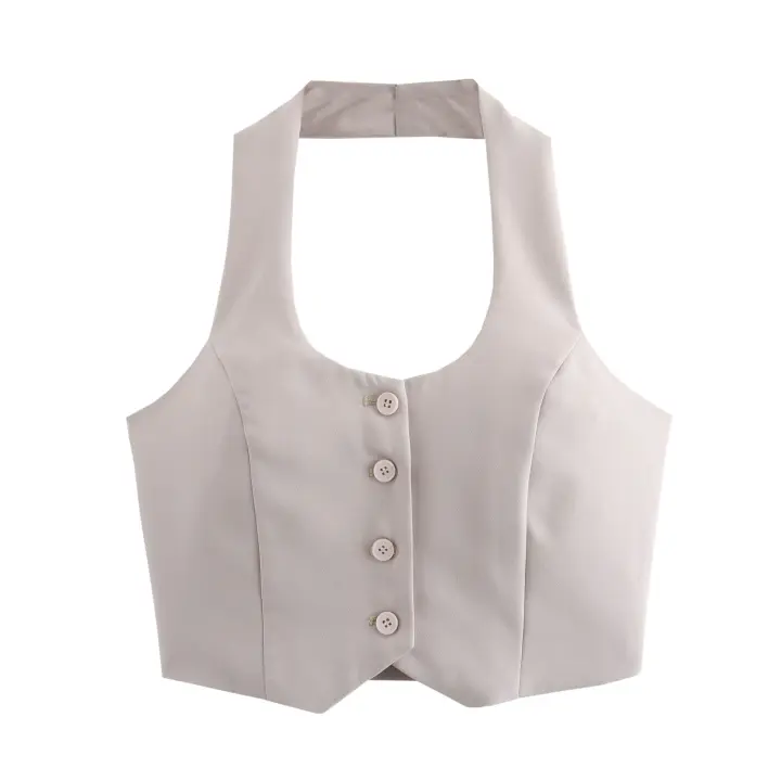 Conjunto De Vestido Y Pantalones Anchos Para Mujer TRAFZA Estilo Retro Sin Espalda Halter Collar Delgado Botones + Cintura Alta Pleated Con Bolsillos - 1