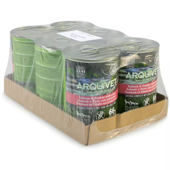 Latas de Salmón y Pavo con Guisantes y Aceite de salmón - Pack de 6 x400g - Alimento Humedo Completo para Perros - Sin Cereales - 92% Salmon y Pavo - Arquivet - 1