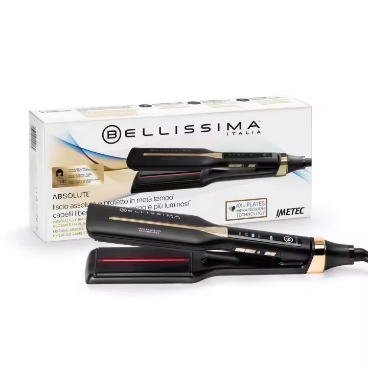 Bellissima Absolute - Plancha de Pelo con Tecnología de Infrarrojos e Iones, Placas 4xL Flexibles, Revestimiento de Cerámica y Queratina, 4 Niveles de Temperatura, Calentamiento Rápido - 1