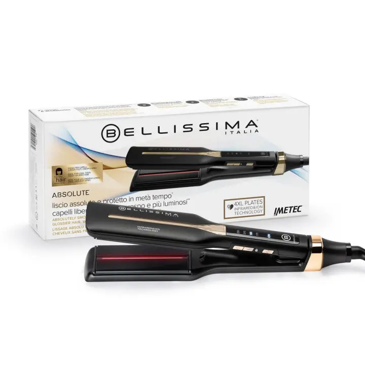 Bellissima Absolute - Plancha de Pelo con Tecnología de Infrarrojos e Iones, Placas 4xL Flexibles, Revestimiento de Cerámica y Queratina, 4 Niveles de Temperatura, Calentamiento Rápido - 1