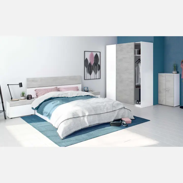 Conjunto Dormitorio Completo Habitación Principal Color Blanco Artik y Cemento (cabecero + 2 mesitas + armario + zapatero) - 1