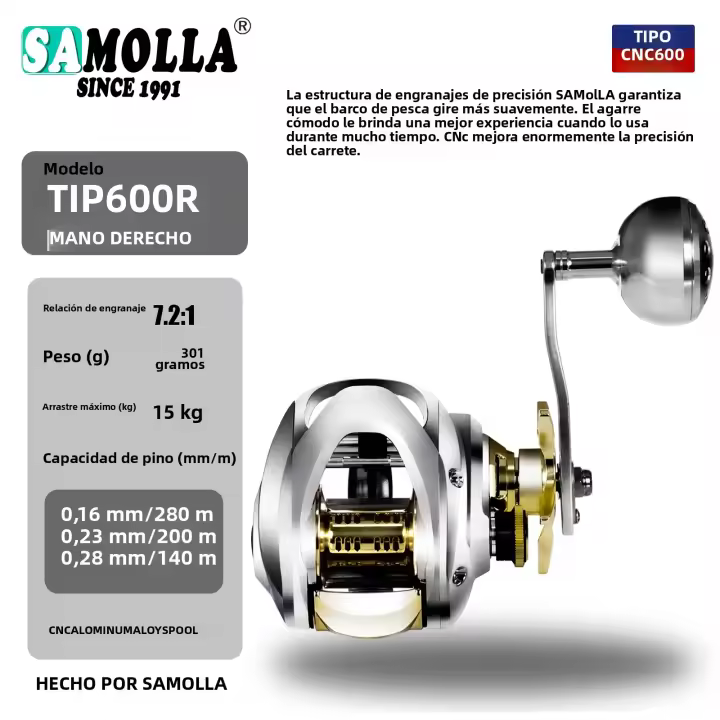 Carrete De Pesca Baitcasting SAMOLLA En Aleación De Aluminio Con Caja Y Base Impermeable Para Pesca En Oceano Y Río 6.4:1 16KG De Arrastre - 1