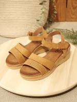 HLUNA - Sandalias de cuña baja con doble tira con efecto Ante - Sandalias de mujer para verano con pulsera al tobillo de velcro Negro y Marrón Camel s322-9 - details 1
