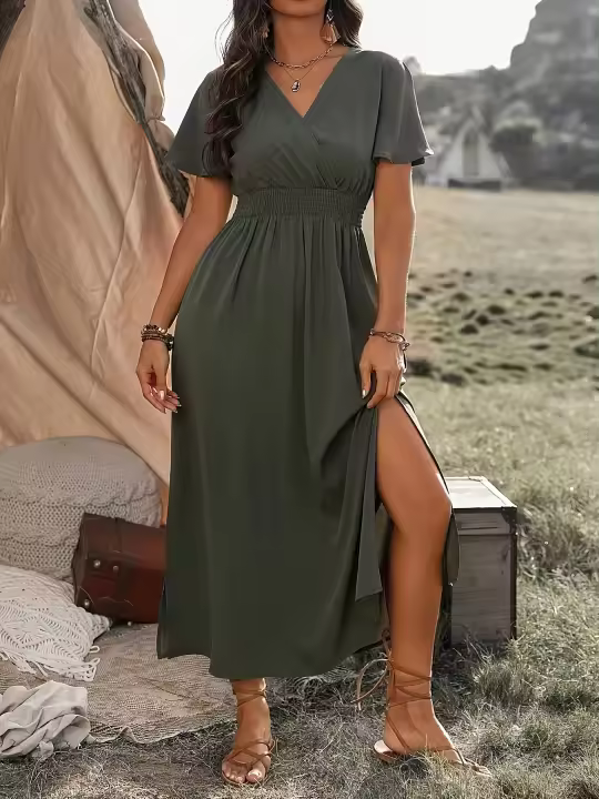 Vestido Casual De Verano Para Mujer 2024 AliExpress Con Cuello En V Manga Corta Y Abertura Midi De Poliéster Estilo Europeo Y Americano - 1
