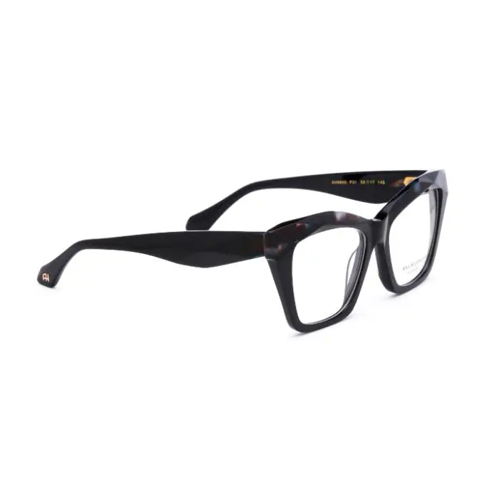 MONTURA MUJER ANA HICKMANN AH6600 P01 53-17 142  Montura Acetato Negro  Frente con efecto doble relieve color Gris y Azul Moteado  Varillas efecto doble relieve   Forma Mariposa  - 1