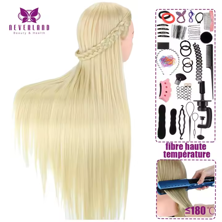 Cabeza peluquería Rubia 30 "76cm con pelo para entrenamiento o aprendizaje, práctica de estilismo, abrazadera trenzada, peluquería profesional, peinados. Cabeza de peluquería. Pelo RUBIO sintético. Distribuido por DistriLocu - 1