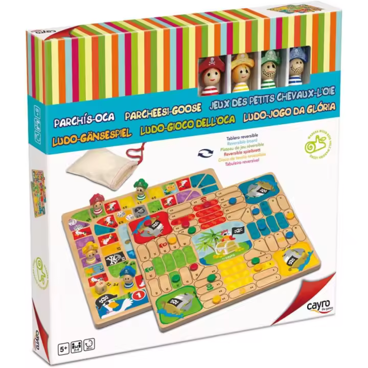 Cayro - Parchís y Oca - + 5 Años - Modelo Piratas - Doble Juego de Mesa para Niños y Adultos - Tablero Reversible y Piezas de Madera - 2 a 4 Jugadores - 1