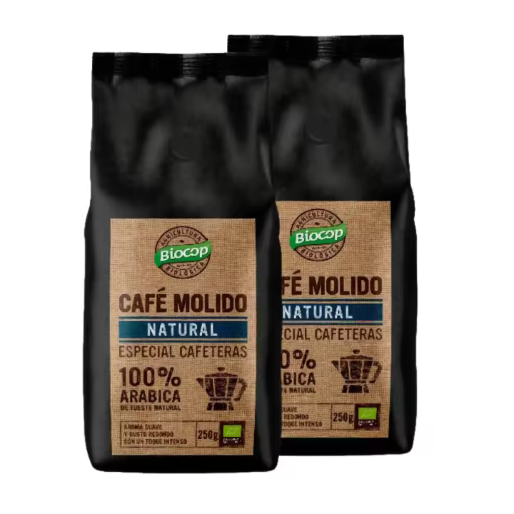 Café molido natural 100% arábica  Packs 2  De aroma suave con toque intenso  Vegana  Biocop - 1