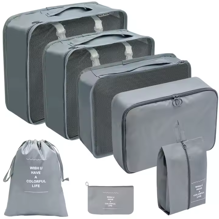 Juego de 7 cubos de embalaje premium para maletas, esenciales de viaje para llevar en el equipaje de mano, bolsas organizadoras de equipaje impermeables para accesorios de viaje. - 1