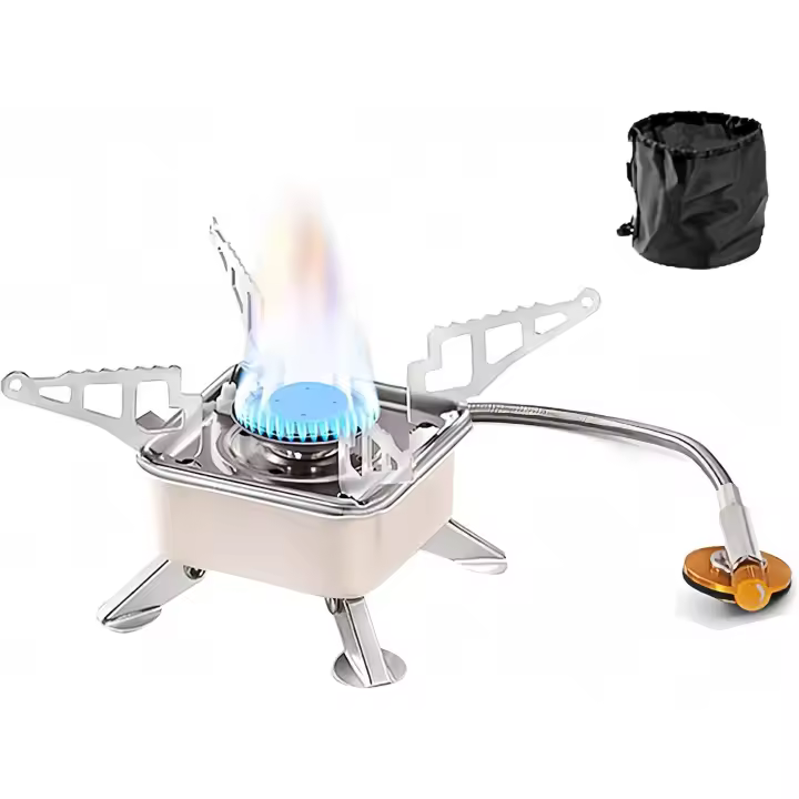 Estufa de camping plegable Piezo Encendido Fuego Feroz, válvula Reguladora de Fuego con Manguera de gas, Estufa de mochilero con Bolsa para al Aire Libre, camping, senderismo y picnic - 1