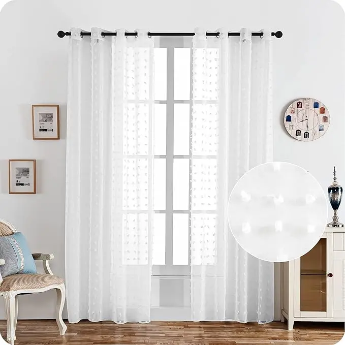 TODOBIEN STORE - Cortina Sálon Dormitorio Translúcida con Diseño de Pompones levantados para Ventana Cocina Comedor de 1 Unidades 140x260cm Blanco - 1