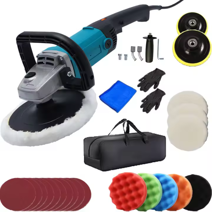 Pulidora de coches de 1200 W, 7 pulgadas, 6 Velocidades, 1000 a 4500RPM, Mango en D y Mango Lateral, Pulidora con 24 Accesorios para Lijado de Madera, Pulido, Encerado de Coche - 1
