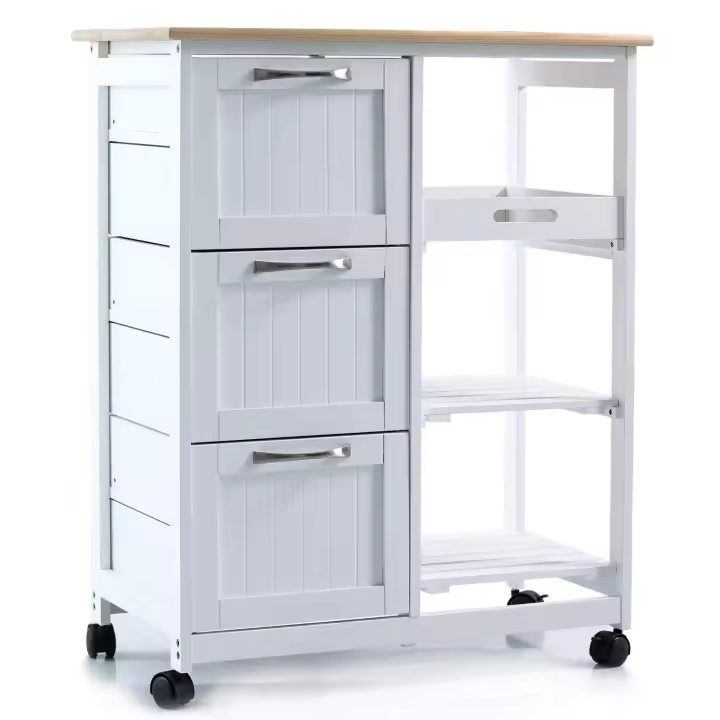 Carro de cocina con ruedas, práctico carro de servicio con 3 cajones y 3 niveles de almacenamiento, encimera de madera, estilo rústico en elegante blanco, isla de cocina 67x37x84 cm para optimizar tu espacio, Anaterra - 1