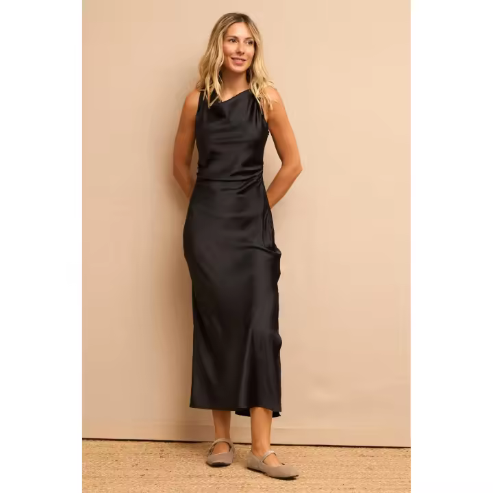 VESTIDO NEGRO SATINADO MARGARET - Vestido, negro, estampado, satinado, largo, sin mangas, brillante, elegante, formal, poliester, polyester, moda mujer, primavera, otoño, invierno, Evento, Fiesta, Boda - 1