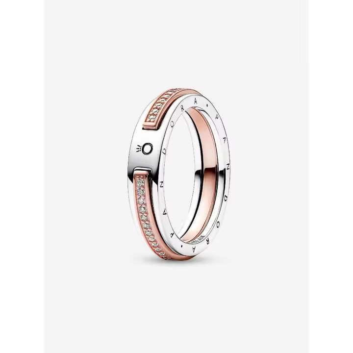 Pandora Signature with logo bicolor y pavé - Plata de Lei, Baño de Oro Rosa de 14 K - 1