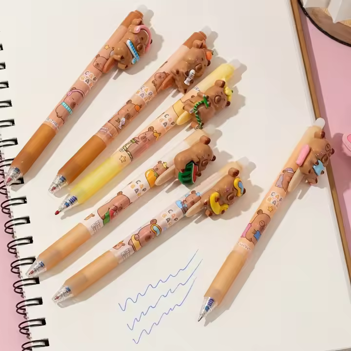 Set De 6 Bolígrafos Gel Retráctiles De Capybara Lindo Punto Medio 0.5mm Plástico Para Estudiantes Trabajadores De La Oficina Amantes De Los Animales - 1