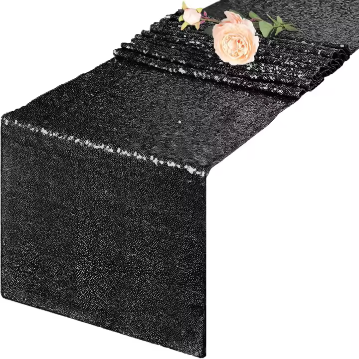 Camino de mesa con lentejuelas negras brillantes para decoración de bodas y eventos, 30 x 180 cm, camino de mesa de lino para fiestas, camino de mesa negro - 1