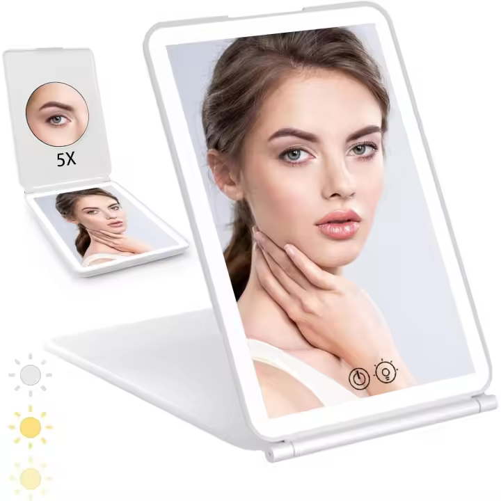 Espejo de maquillaje con luz LED recargable, 3 modos de atenuación, 19 x 13 cm, espejo de viaje para mujer (blanco) - 1