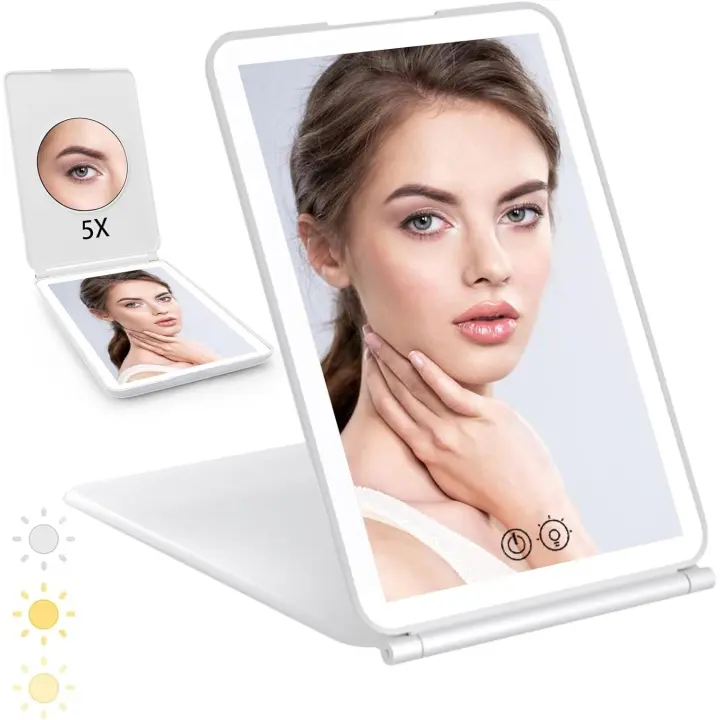Espejo de maquillaje con luz LED recargable, 3 modos de atenuación, 19 x 13 cm, espejo de viaje para mujer (blanco) - 1