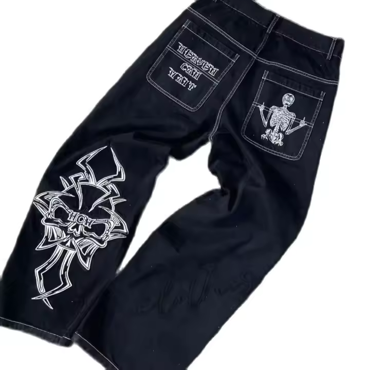 Pantalones Vaqueros Retro Y2K Para Hombres Con Bordado De Calavera Estilo Hip Hop Holgado Con Pierna Ancha Tejido De Lino Calidad Superior Moda Casual - 1