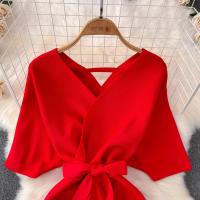 YuooMuoo Vestido De Suéter Tejido Para Mujer Primavera Verano Corto Elegante De Manchas De Alas Negras Bodycon Estilo Callejero Vestido Bandage - details 5