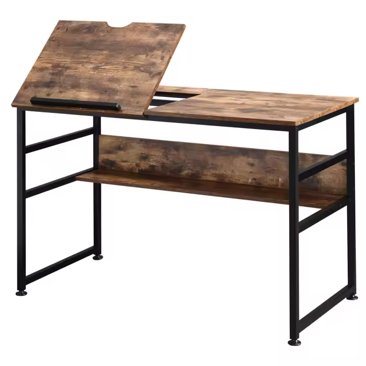 HOMCOM Mesa de dibujo inclinable HOMCOM, escritorio para computadora, diseño industrial, tablero elevable, estante, tablero de partículas, aspecto de madera vieja, metal negro - 1
