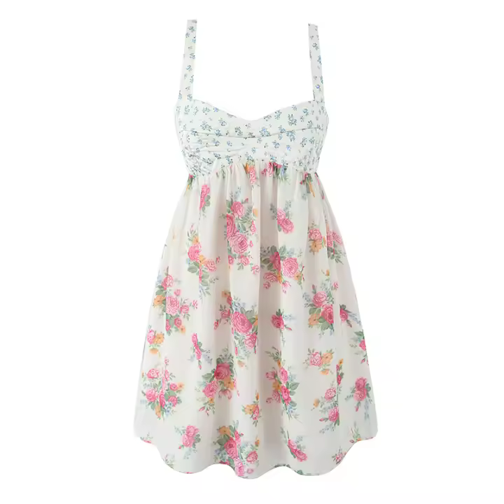 Vestidos 2025 Verano Mujer Sexy Espalda Descubierta Patchwork Estampado Floral Vestido de Tirantes Cintura Alta Línea A Mini Vacaciones Casual Robe - 1