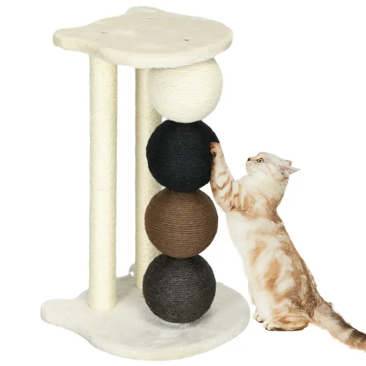 PawHut Rascador para gatos, rascador para gatos con plataforma, rascador con 2 postes de sisal y 4 bolas de sisal, juguete rascador para gatos, 38 x 38 x 64 cm - 1