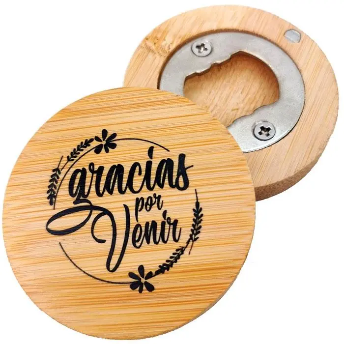 Lote 10 a 50 Abrebotellas PERSONALIZADO con Frase imantado bambú Natural - Abridores para Bodas Gracias por Venir Frases - Detalles, regalos y recuerdos para Bodas, Comuniones, Bautizos, Cumpleaños - 1
