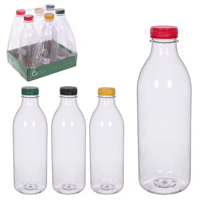Botellas de Plástico con Tapón. Pack 6 y 12 Unidades. Varios Tamaños, Colores Surtidos. Botella Plástico para Leche, Zumo, Agua o cualquier otro Liquido. Botella PET Transparente con Tapón en Colores Surtidos. 100% Reciclable - 1