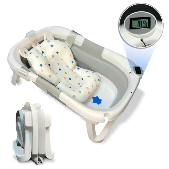 BATHBY Bañera Bebé Plegable Portátil con Termómetro Integrado, Cojín Antideslizante, Apta para Bebé Recién Nacido, Patas Antideslizantes, Tapón de Seguridad, Diseño Ergonómico (Disponible en Gris, Rosa y Azul) - 1