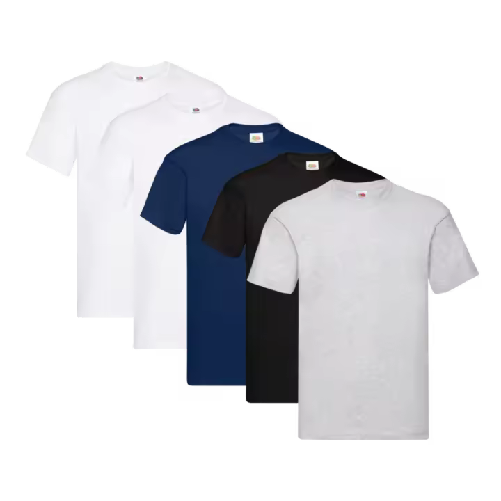 Fruit of the Loom Original - Camiseta Manga Corta para Hombre (Pack de 5 unidades) - 2 Blanco / 1 Azul Marino / 1 Negro / 1 Gris Jaspeado - 1