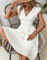 Vestido De Mujer Con Manga De Hoja De Loto Verano Cuello En V Bordado Rompepiés Midi A-Line Para Ocasiones Casuales - details 1