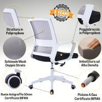 Zik Silla ergonómica de oficina, Con reposabrazos y soporte lumbar, Altura ajustable, Silla giratoria Presidencial with Canvas trasera para el hogar, Estudio de oficina, Diseño Moderno-Blanco - details 6