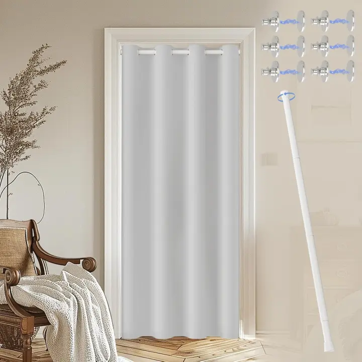 JCyh Cortina Puerta con Barra Extensible y Botón Magnético, Cortinas Termicas Aislantes Frio y Calor Ojales,1 Pieza Cortina Opacas para Salón, Cortina Cocina Puerta, Cortina Blanco + Barra Blanco - 1
