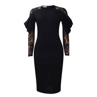 Vestido Elegante De Mujer Con Cuello Redondo Y Manga Larga En Luto Sólido Ajustado Hasta Las Caderas Largo Medio Para Fiestas Y Comidas En El Restaurante - details 32