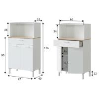 Meimon Mueble auxiliar de cocina 2 puertas y 1 cajón con hueco para microondas, estante interior, guías metálicas, patas aluminio blanco, tiradores ABS, tablero melaminizado TIPO E1, color Blanco Artik y Roble Canadian, medidas 126x72x40 cm, soporte 30 kg - details 3